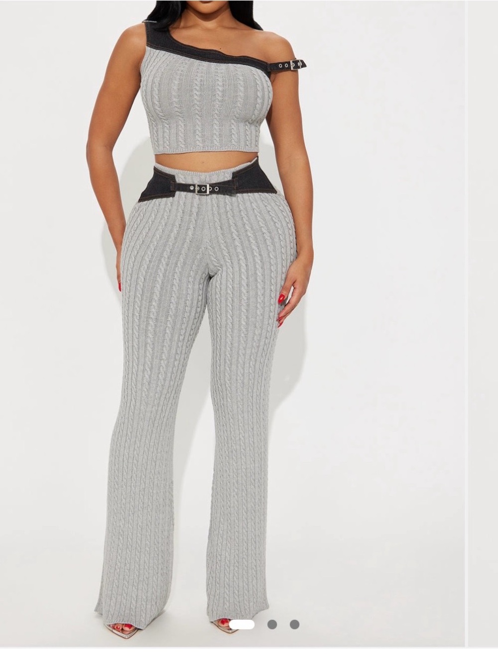 Fashion Nova Gray One-Shoulder Knit Crop Top & Wide Leg Pants Set